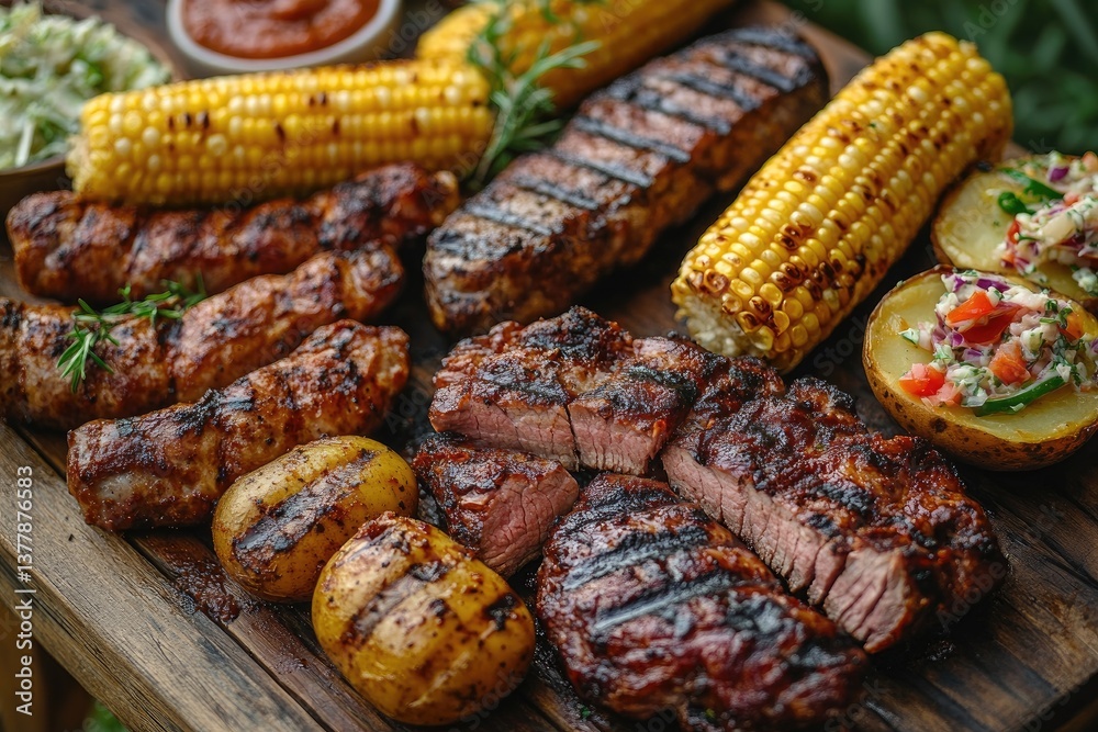 Grilled steak, sausages, corn on the cob, and potatoes filling a wooden cutting board Grilled steak, sausages, corn on the cob, and potatoes filling a wooden cutting board