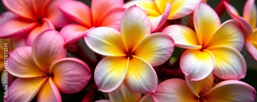 Close-up of assorted plumeria frangipani blossoms, nature, petals, background