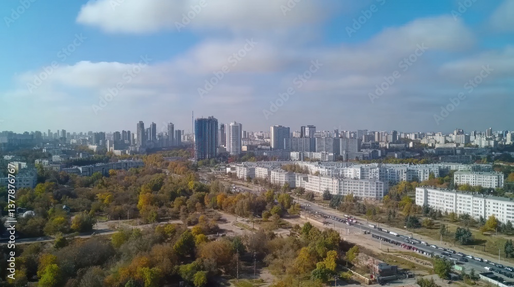 Obraz premium Aerial View of Cityscape with Autumn Foliage