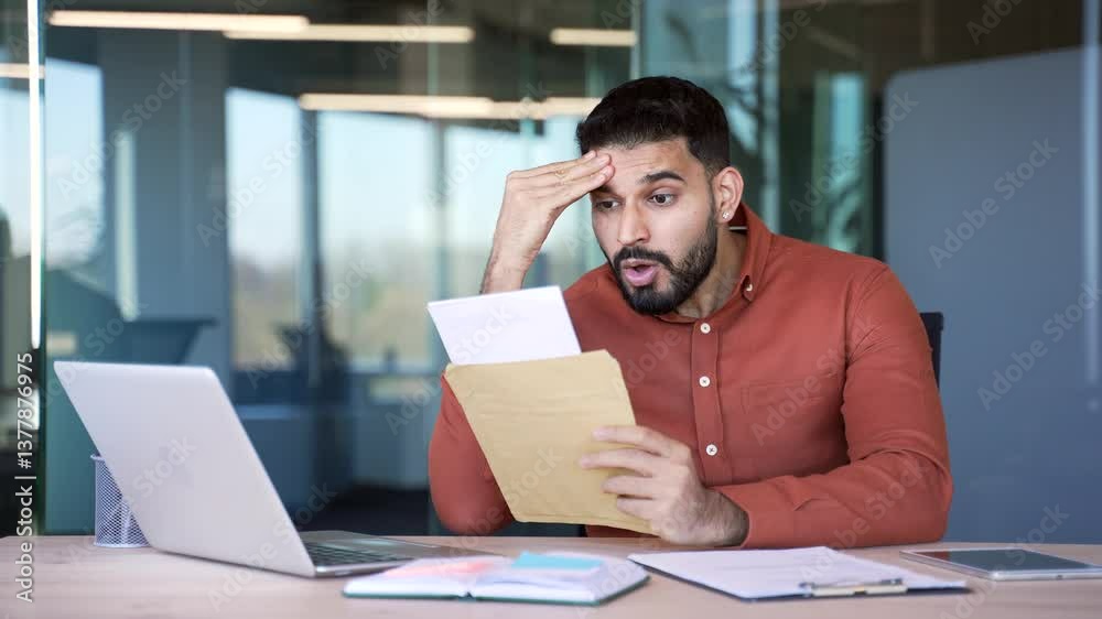 Upset disappointed businessman reading a letter with bad news sitting in a business office. Worried entrepreneur frustrated by receiving unpleasant negative notification after opening the envelope