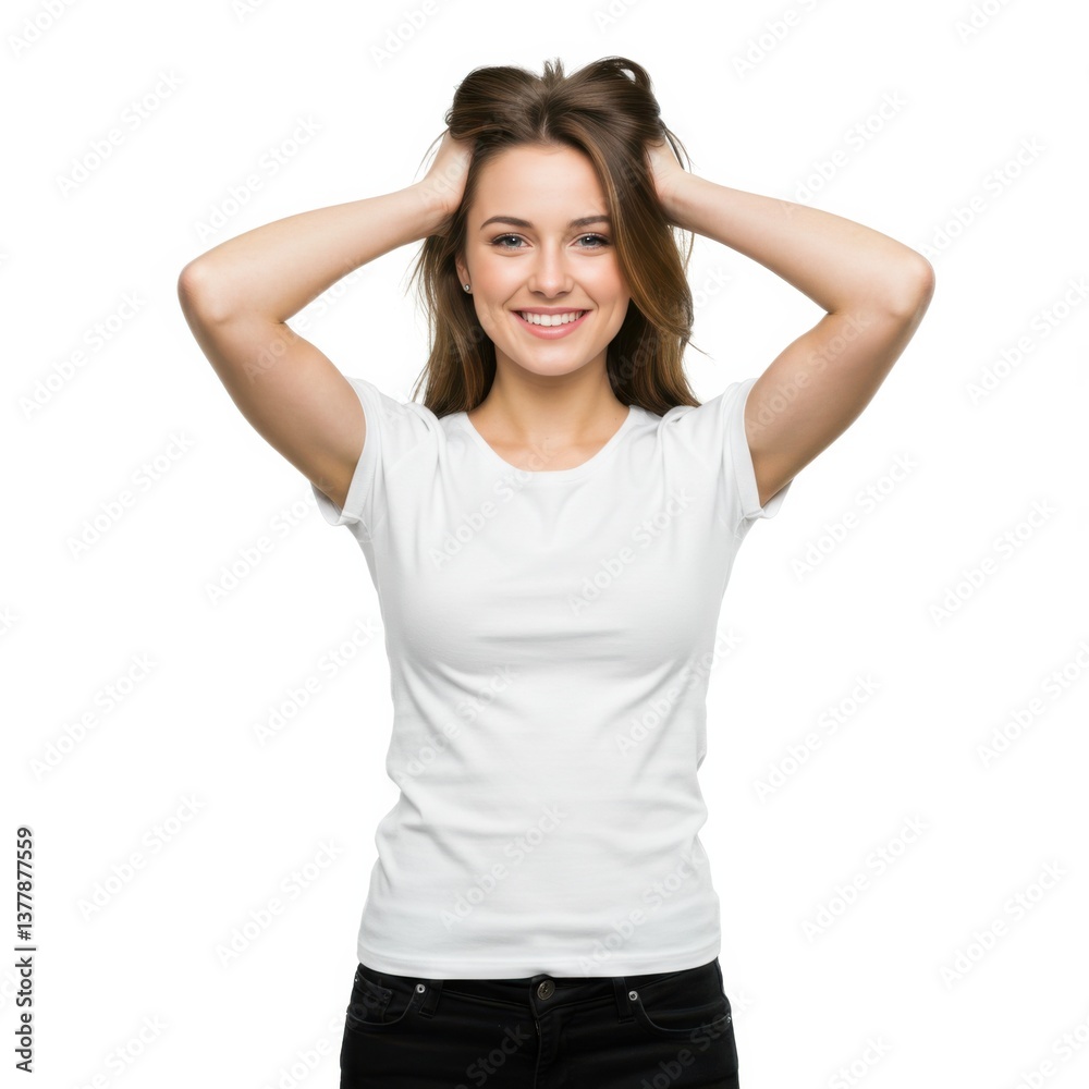 A pretty girl smiling standing model pose wearing white t-shirt black jeans to create mockups templates A pretty girl smiling standing model pose wearing white t-shirt black jeans to create mockups templates