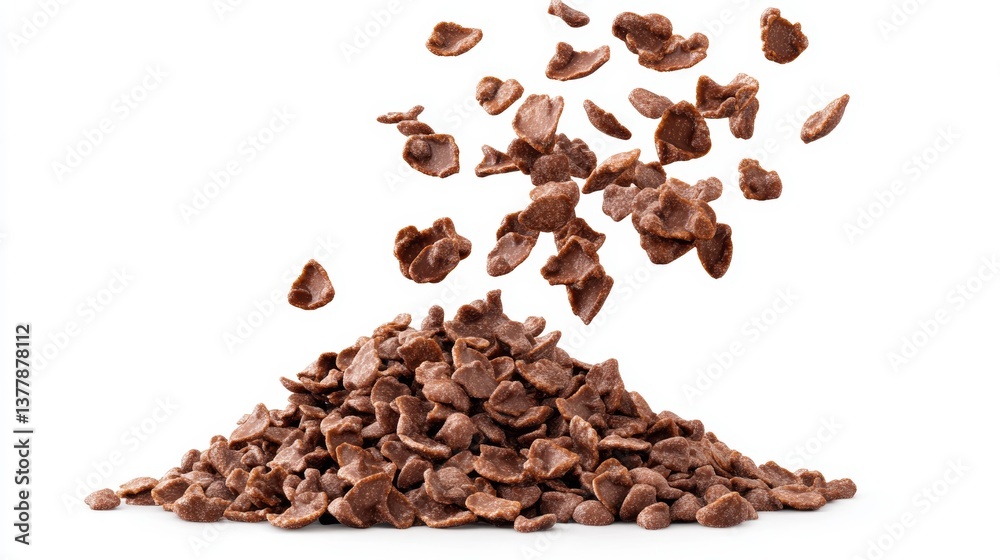 Obraz premium Dynamic Falling Chocolate Corn Flakes Displaying Glossy Texture and Crispy Edges in Midair Motion