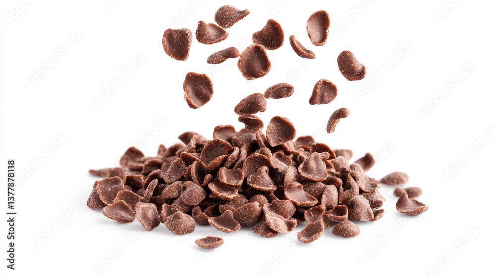 Dynamic Midair Falling Chocolate Corn Flakes with Crispy Curved Rich Brown Texture in Motion Dynamic Midair Falling Chocolate Corn Flakes with Crispy Curved Rich Brown Texture in Motion