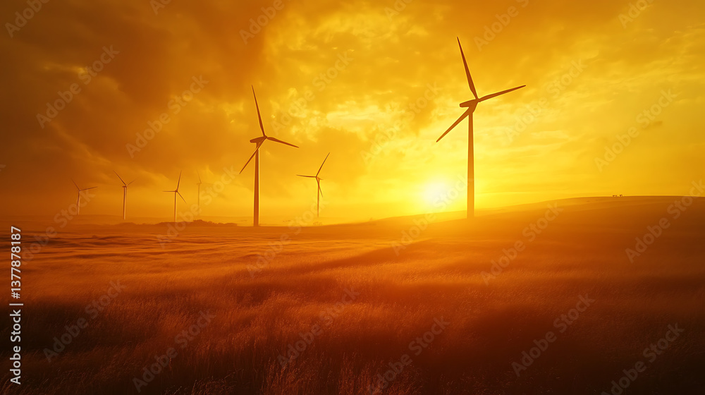 Obraz premium Harnessing solar energy and wind power for sustainable nature solutions clean air innovations at sunset landscape