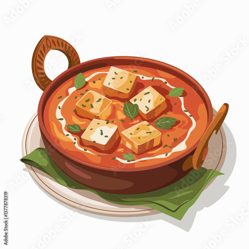 Vector Illustration of Paneer Butter Masala in Traditional Bowl