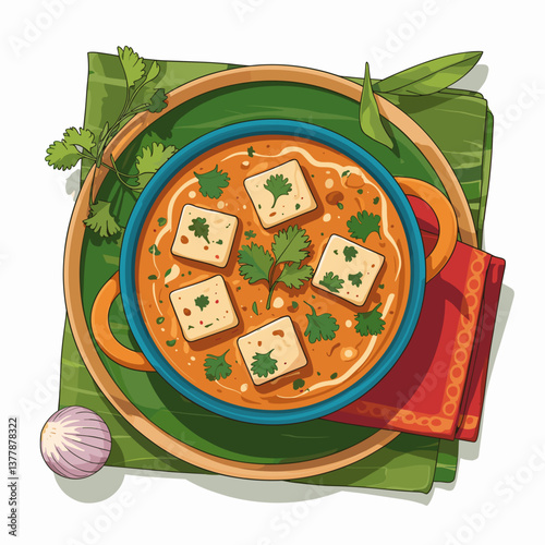 Vector Illustration of Paneer Butter Masala in Traditional Bowl