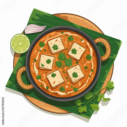 Vector Illustration of Paneer Butter Masala in Traditional Bowl