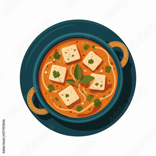 Vector Illustration of Paneer Butter Masala in Traditional Bowl