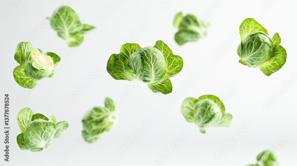 Obraz premium Floating Brussels Sprouts Suspended in Midair Against Pure White Background