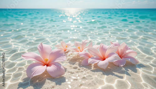 Fototapeta Naklejka Na Ścianę i Meble -  Pink tropical plumeria flowers on clear shallow sea water with sunlight reflections, white sand beach and turquoise ocean under bright sky, peaceful summer island background
