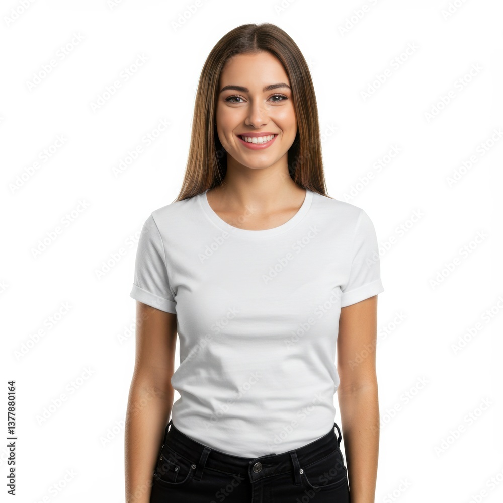 A pretty girl smiling standing wearing white t-shirt black jeans to create mockups templates A pretty girl smiling standing wearing white t-shirt black jeans to create mockups templates
