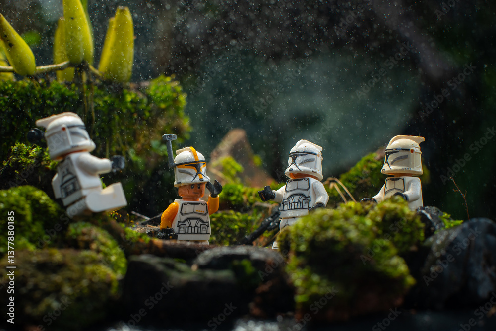 Naklejka premium Depok, Indonesia - April 1, 2025: Lego toys photography, 1st phase clone troopers in dark forest covered with moss, with bokeh background