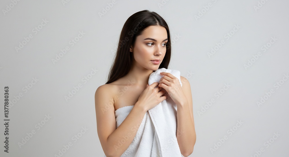 白いタオル、柔らかな光で包まれた女性 静かな美しさ 白いタオル、柔らかな光で包まれた女性 静かな美しさ
