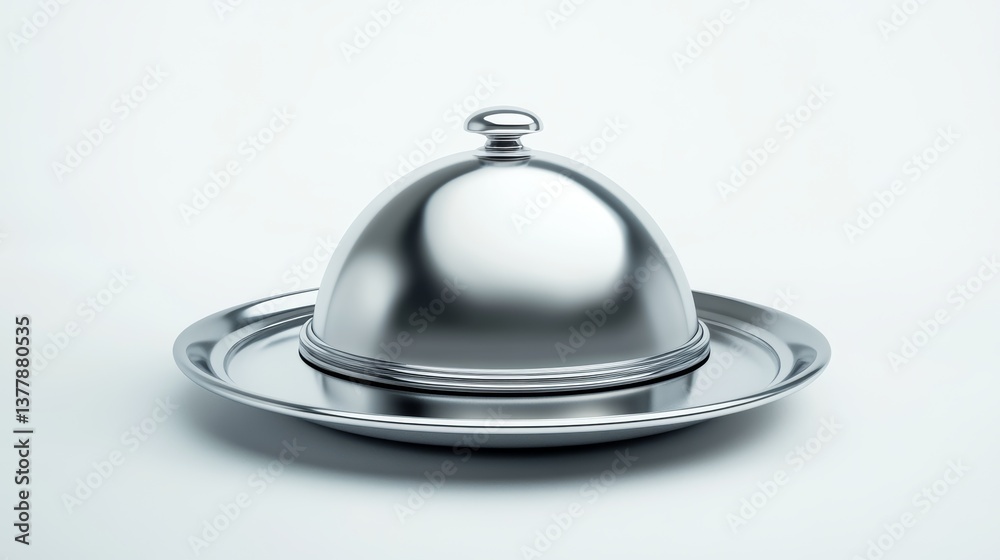 Fototapeta premium Refined silver food cloche featuring hovering stainless steel dome above coordinated silver plate
