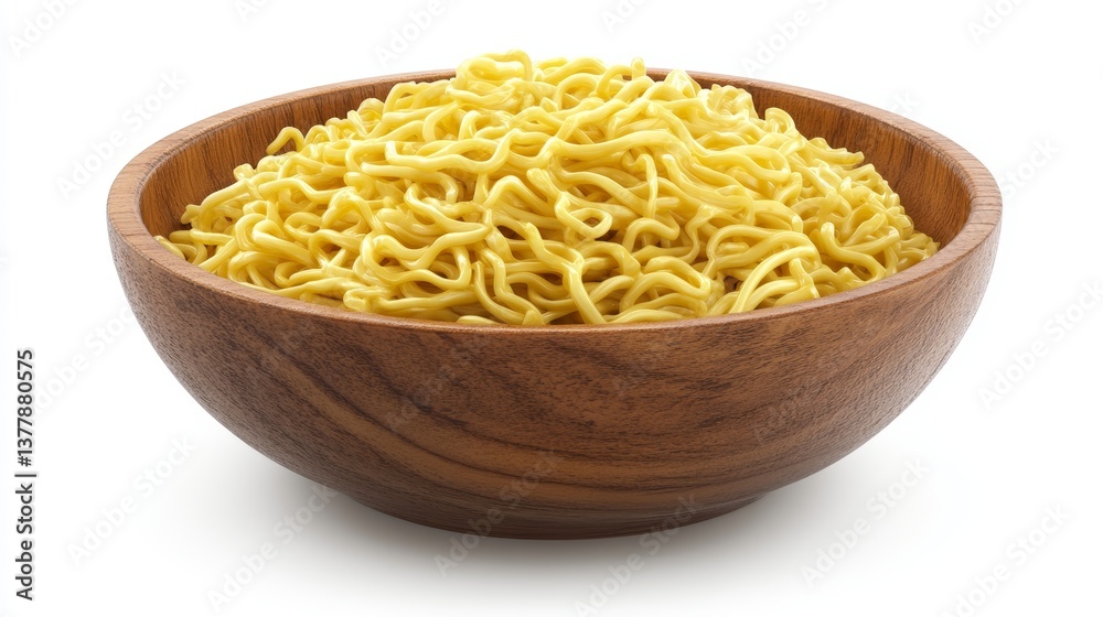 Rustic bowl of steaming cooked instant noodles with golden yellow wavy texture and natural presentation Rustic bowl of steaming cooked instant noodles with golden yellow wavy texture and natural presentation