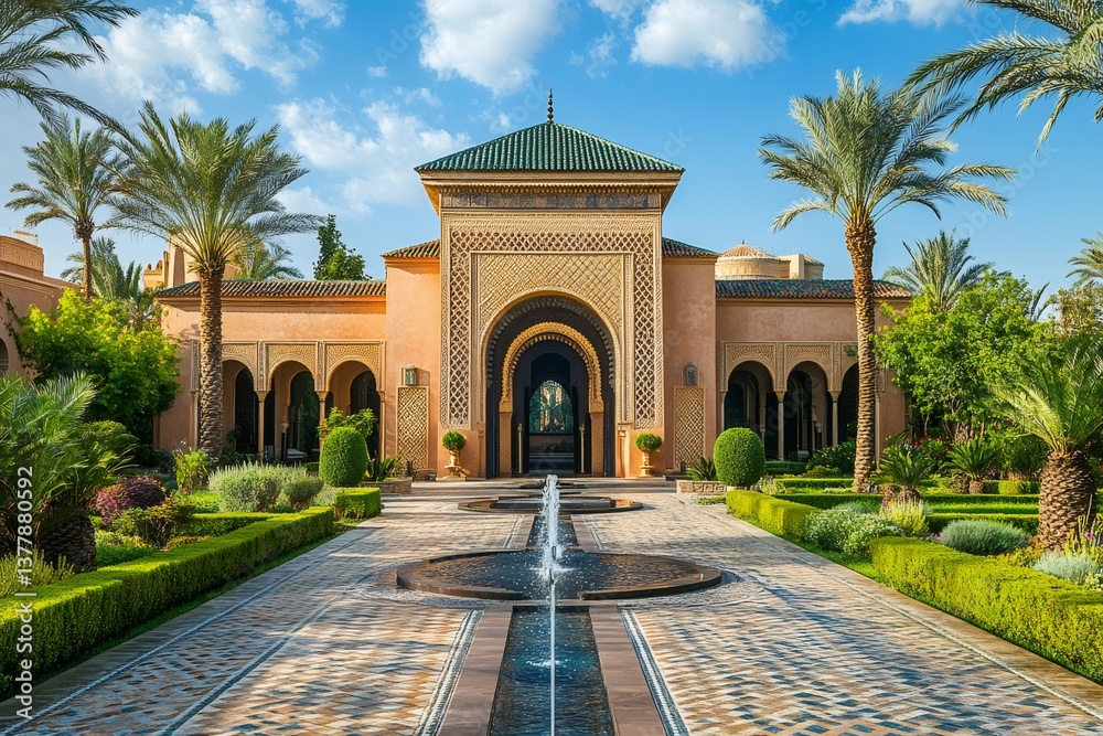 Fototapeta premium Moroccan palace with gardens and fountains displaying traditional architecture