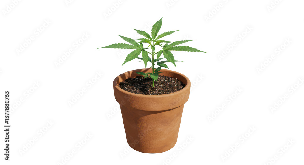 Isolated Young Cannabis Plant in Terracotta Pot Isolated Young Cannabis Plant in Terracotta Pot