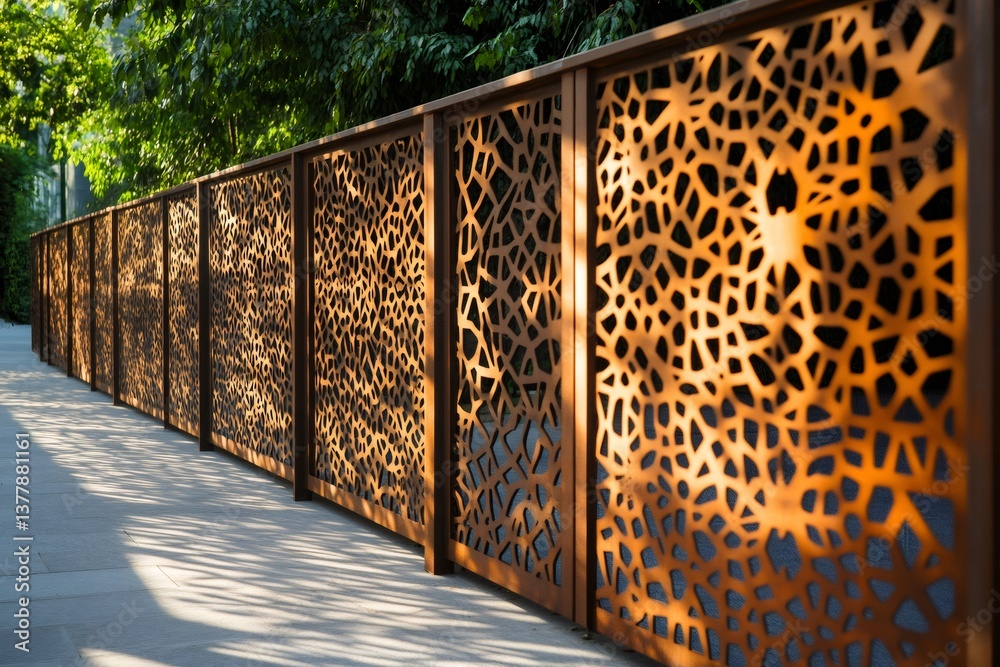 Modern perforated metal fence creating intricate shadows in urban setting