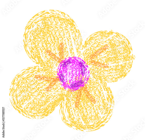 Yellow flower drawing with crayon texture effect isolated on transparent background