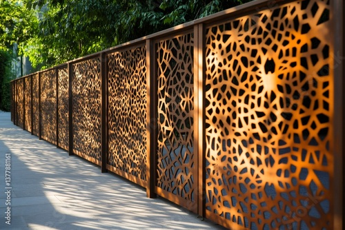 Obraz na płótnie Modern perforated metal fence creating intricate shadows in urban setting w salonie