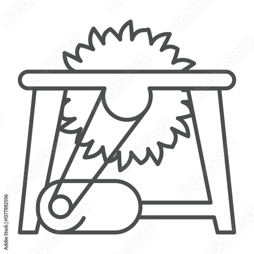Circular saw workbench with motor thin line icon, forest industry concept. Vector graphics. Wood work equipment, wood sawing sign on white background, outline style icon for mobile or web design.