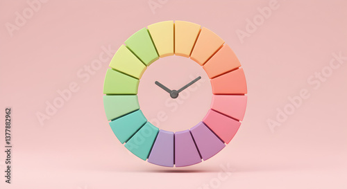 Colorful Pastel Clock with Rainbow Segments on a Soft Pink Background