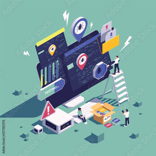 QA Software Testing Isometric Composition