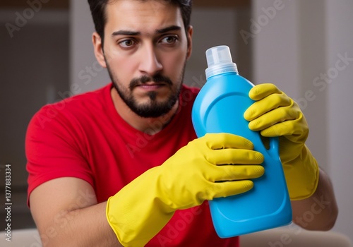 真剣な表情で洗剤ボトルを吟味する男性 黄色い手袋 暖色系の室内光