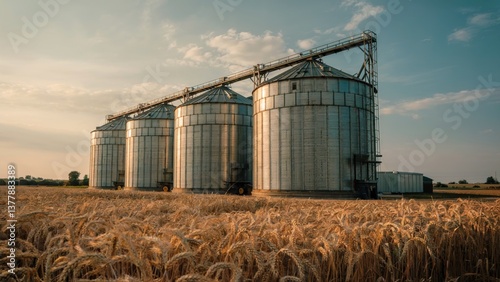 Modern grain silos in a wheat field under clear sky. Agricultural storage and farming concept.