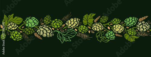 Hops branch, malt. Herb pattern Vintage art border
