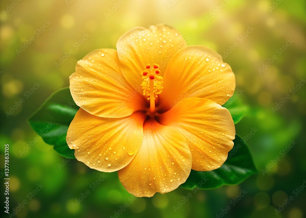 A radiant golden hibiscus, kissed by morning dew, unfolds its delicate petals in a sunlit garden, showcasing vibrant nature's beauty with soft light and bokeh background. A radiant golden hibiscus, kissed by morning dew, unfolds its delicate petals in a sunlit garden, showcasing vibrant nature's beauty with soft light and bokeh background.