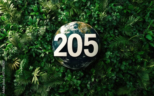 Earth surrounded by lush greenery, with the number 205