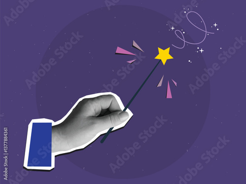 A hand holding a magic wand with star. Modern collage style. Vector illustration