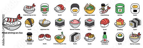 Set of illustrations in the concept of food in line drawing style