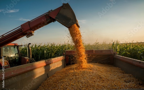 Tractor unloading corn into a grain truck during harvest on a rural farm. Agricultural logistics and harvest concept.