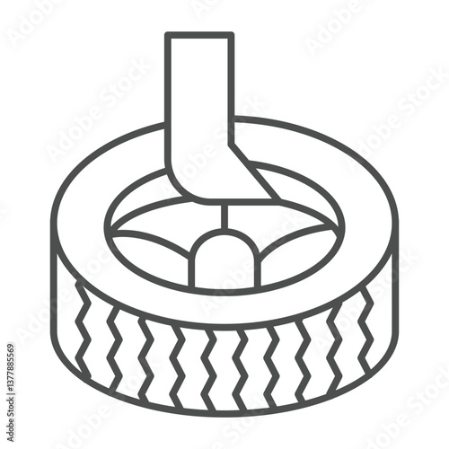 Crowbar with car wheel thin line icon, tires fitting concept. Vector graphics. Removing and changing tire, car service sign on white background, outline style icon for mobile or web design.