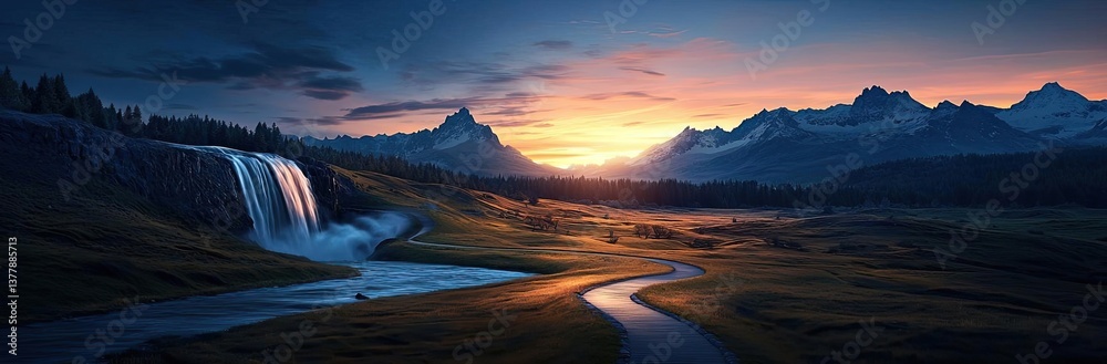 Fototapeta premium Waterfall sunset enchanting glow over illuminated meadow in dusk concept. Serene landscape with waterfall and mountains at sunset.