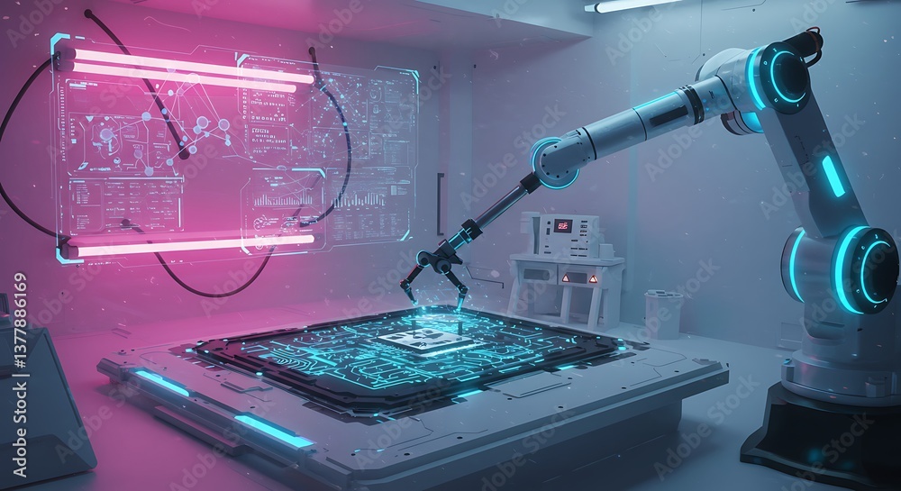 AI-Powered Manufacturing Automation Advanced robotic assembly line with neural network visualization in high-tech laboratory setting AI-Powered Manufacturing Automation Advanced robotic assembly line with neural network visualization in high-tech laboratory setting
