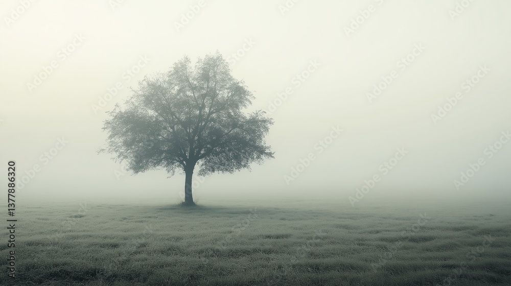 Solitary Tree in Misty Meadow at Dawn. Melancholic minimalist tranquil landscape. Solitary Tree in Misty Meadow at Dawn. Melancholic minimalist tranquil landscape.