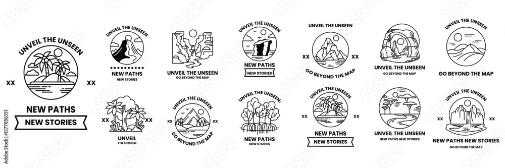 Fototapeta premium set of illustrations in the concept of natural tourist attractions in a line drawing style