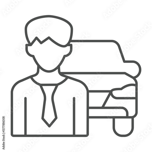 Manager man with new car model thin line icon, automobile sales concept. Vector graphics. Car vehicle and customer sign on white background, outline style icon for mobile or web design.