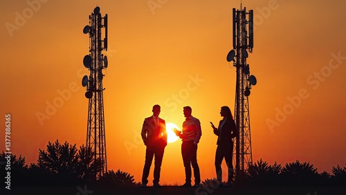 Professionals discussing technology at sunset by communication towers
