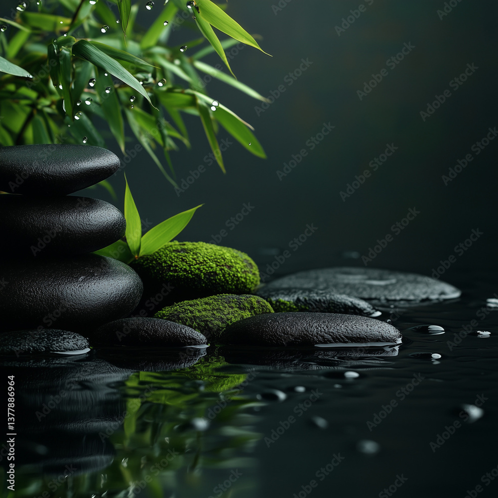 Naklejka premium spa stones and green leaves