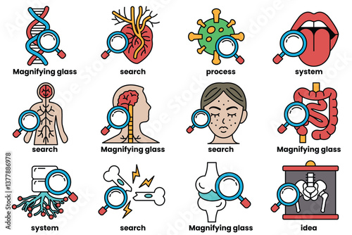 Set of illustrations in the concept of medicine and science in line art style