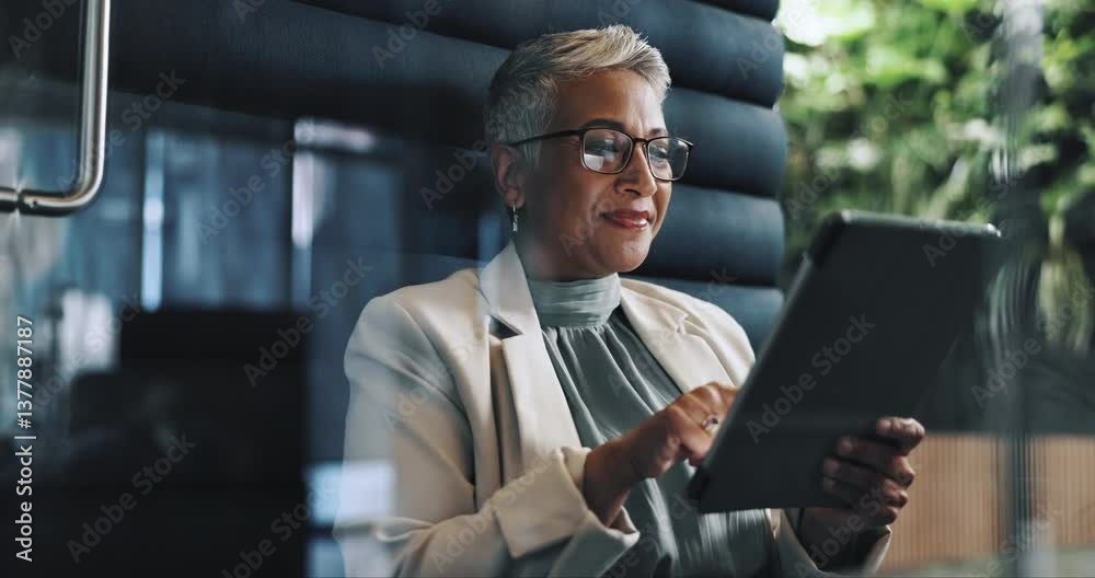 Tablet, woman and business in office cubicle for privacy, reading or accountant check revenue. Mature manager, technology or online for budget, scroll or financial bookkeeping in soundproof pod Tablet, woman and business in office cubicle for privacy, reading or accountant check revenue. Mature manager, technology or online for budget, scroll or financial bookkeeping in soundproof pod