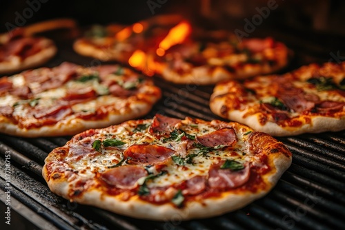 Delicious pizzas grilling with burning embers in background