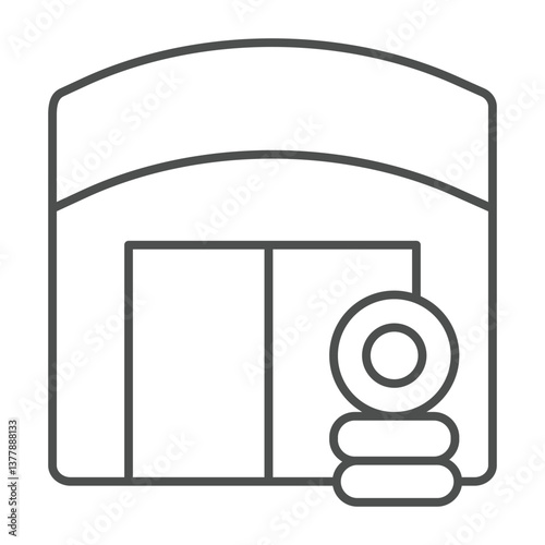 Garage with car tires stack thin line icon, repair service concept. Vector graphics. Small warehouse for auto mechanic staff sign on white background, outline style icon for mobile or web design.