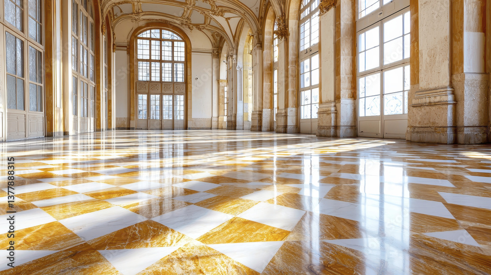 Fototapeta premium grand interior space featuring polished marble floor with striking checkered pattern of white and gold. sunlight streams through large windows