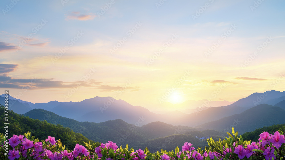Obraz premium Breathtaking mountain landscape at sunset, featuring vibrant flowers in foreground, creating serene and peaceful atmosphere