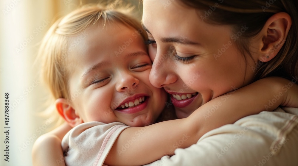 Mother and child sharing a joyful embrace in soft natural light Mother and child sharing a joyful embrace in soft natural light